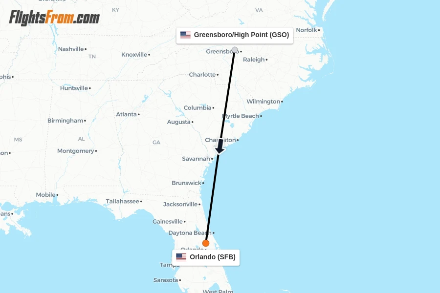 Flights from Greensboro/High Point to Orlando route map
