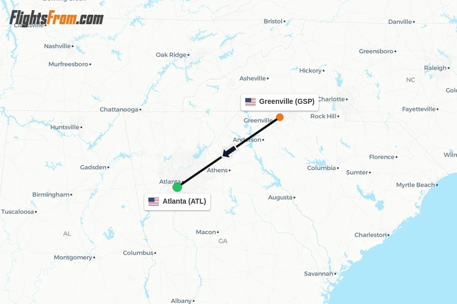 Flights from Greenville to Atlanta route map