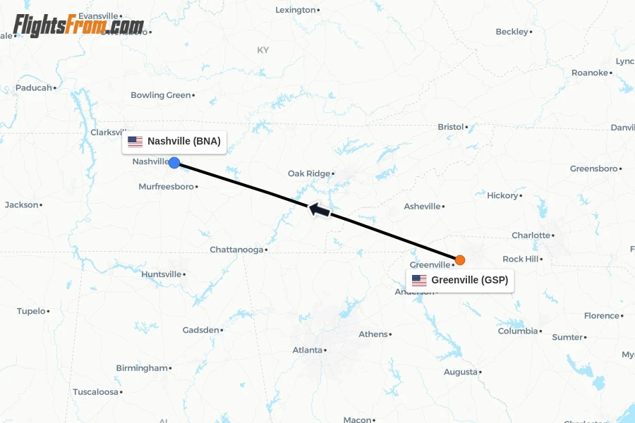 Flights from Greenville to Nashville route map