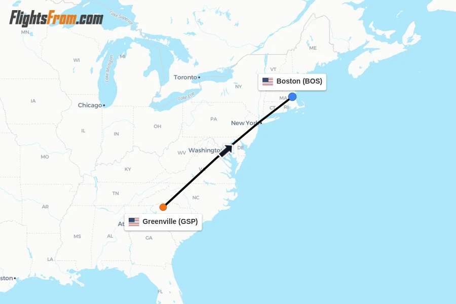 Flights from Greenville to Boston route map