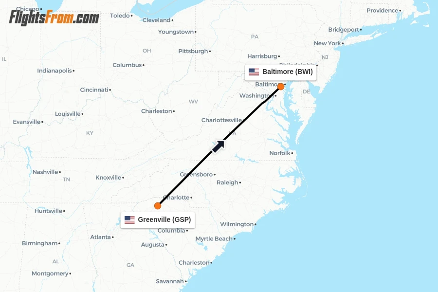 Flights from Greenville to Baltimore route map