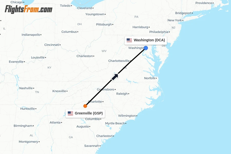 Flights from Greenville to Washington route map