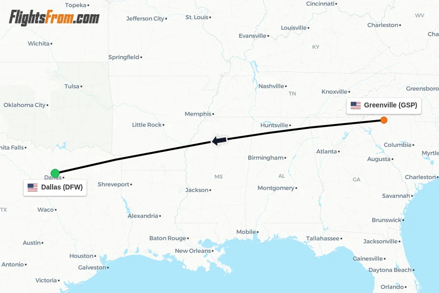 Flights from Greenville to Dallas route map