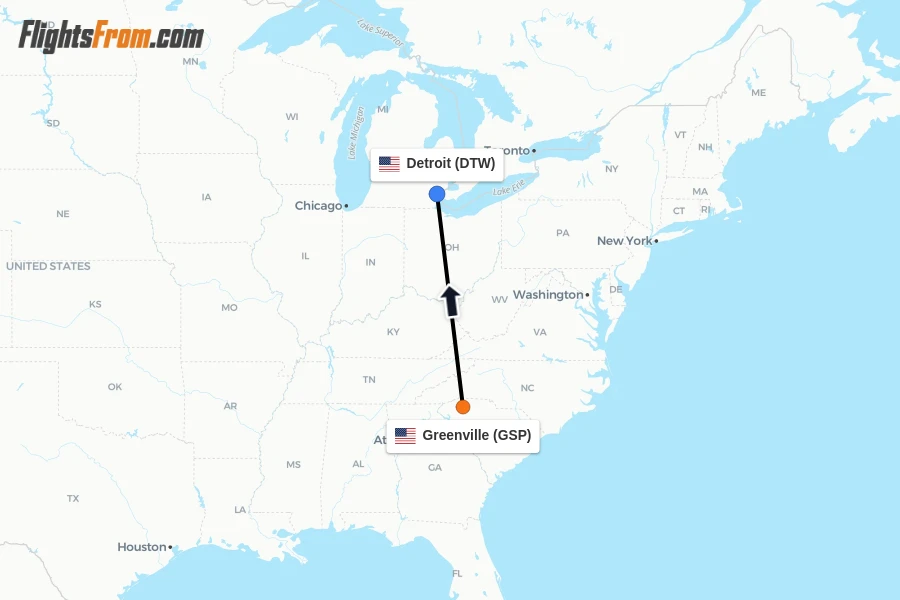 Flights from Greenville to Detroit route map
