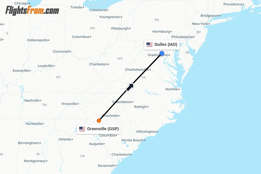 Flights from Greenville to Dulles route map