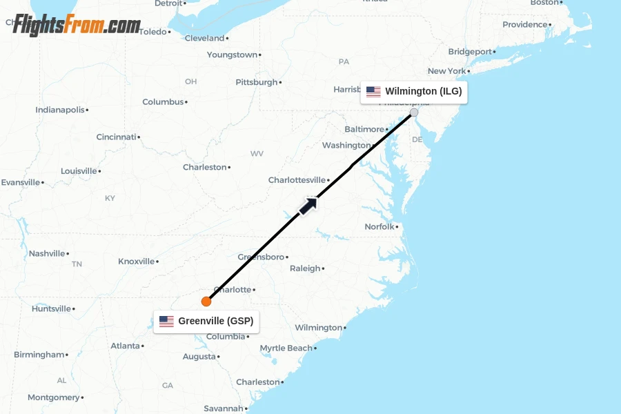 Flights from Greenville to Wilmington route map