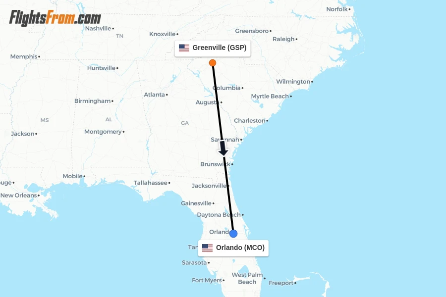 Flights from Greenville to Orlando route map