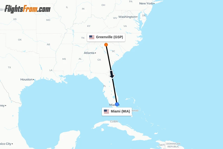 Flights from Greenville to Miami route map