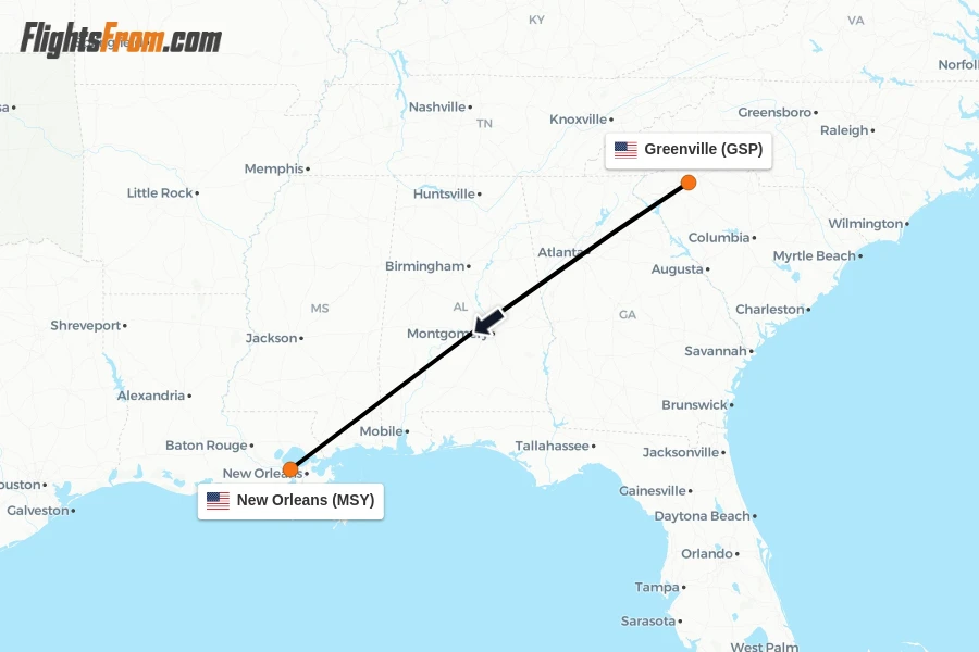Flights from Greenville to New Orleans route map