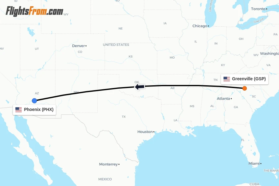 Flights from Greenville to Phoenix route map