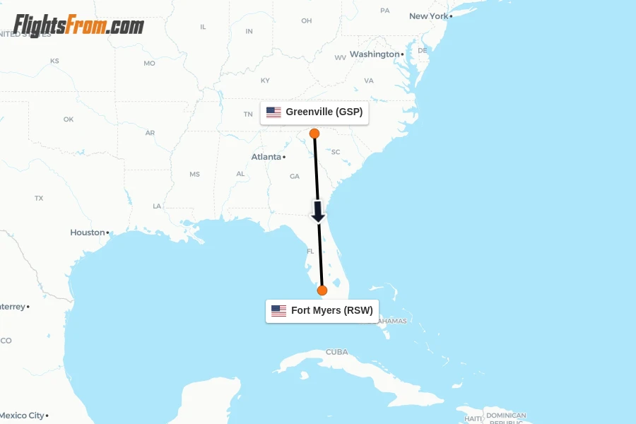 Flights from Greenville to Fort Myers route map