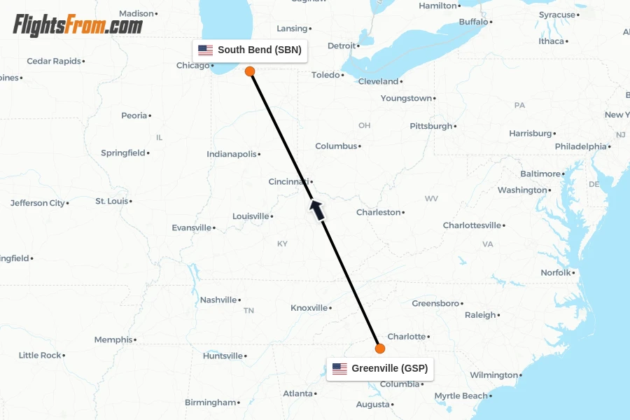 Flights from Greenville to South Bend route map