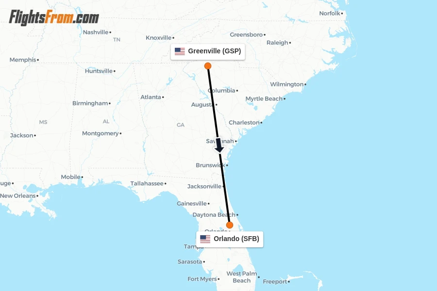 Flights from Greenville to Orlando route map