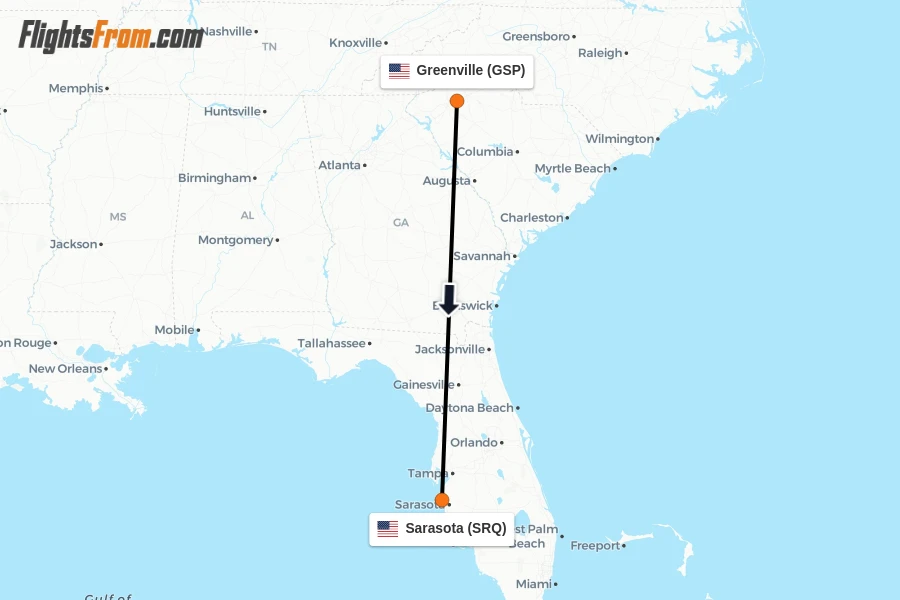 Flights from Greenville to Sarasota route map
