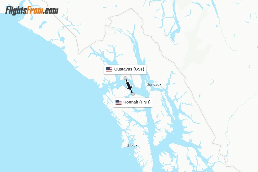 Flights from Gustavus to Hoonah route map