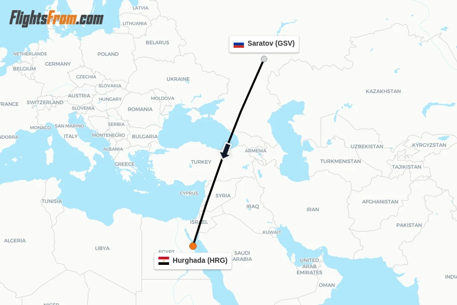 Flights from Saratov to Hurghada route map