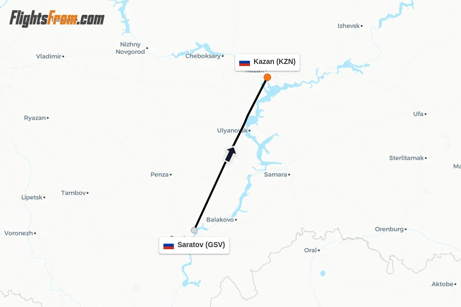 Flights from Saratov to Kazan route map