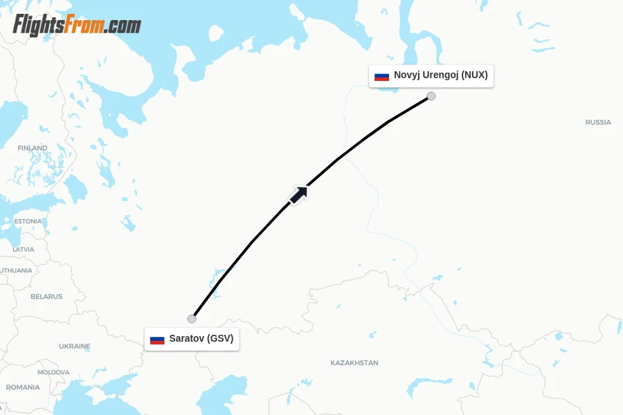Flights from Saratov to Novyj Urengoj route map
