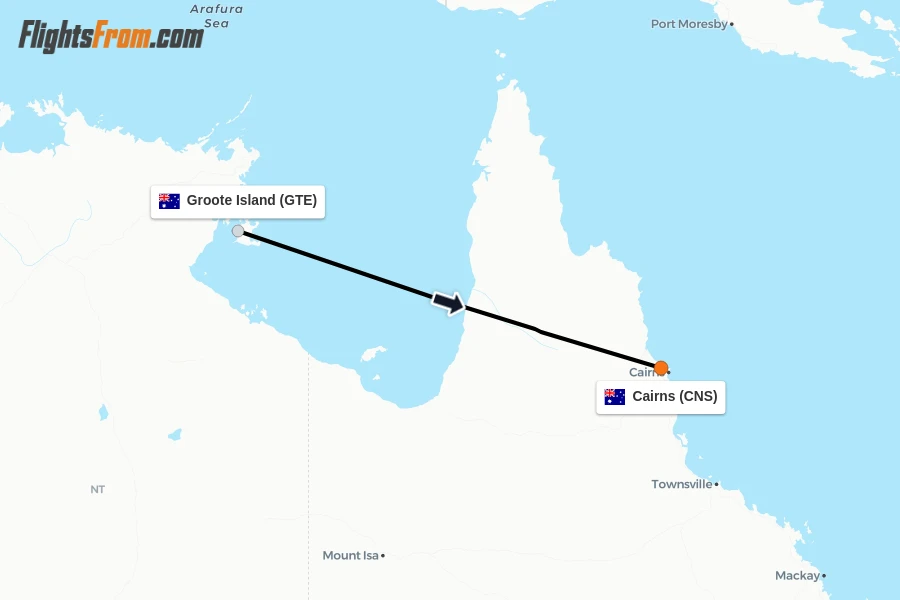 Flights from Groote Island to Cairns route map