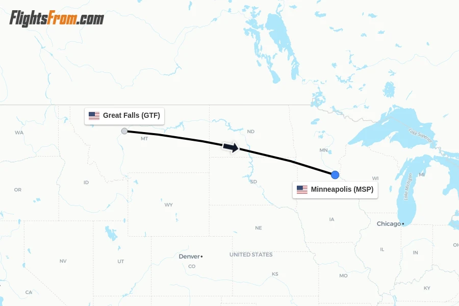 Flights from Great Falls to Minneapolis route map