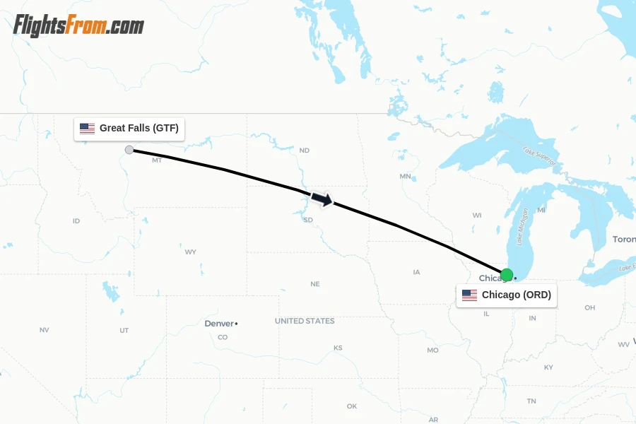Flights from Great Falls to Chicago route map