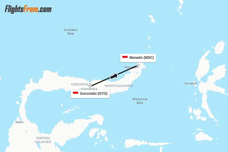 Flights from Gorontalo to Manado route map