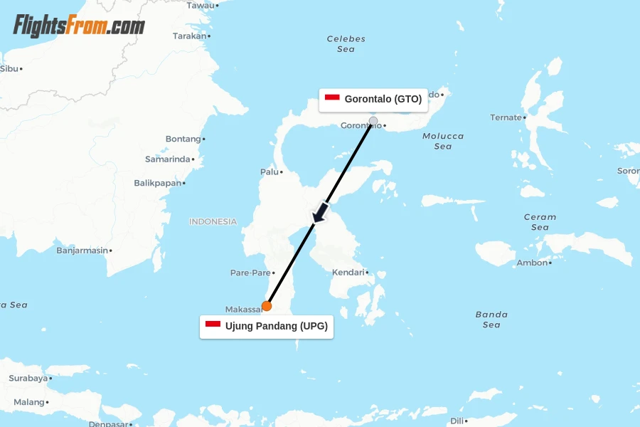 Flights from Gorontalo to Ujung Pandang route map