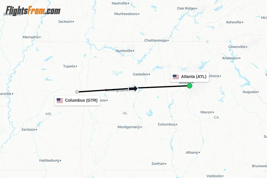 Flights from Columbus to Atlanta route map