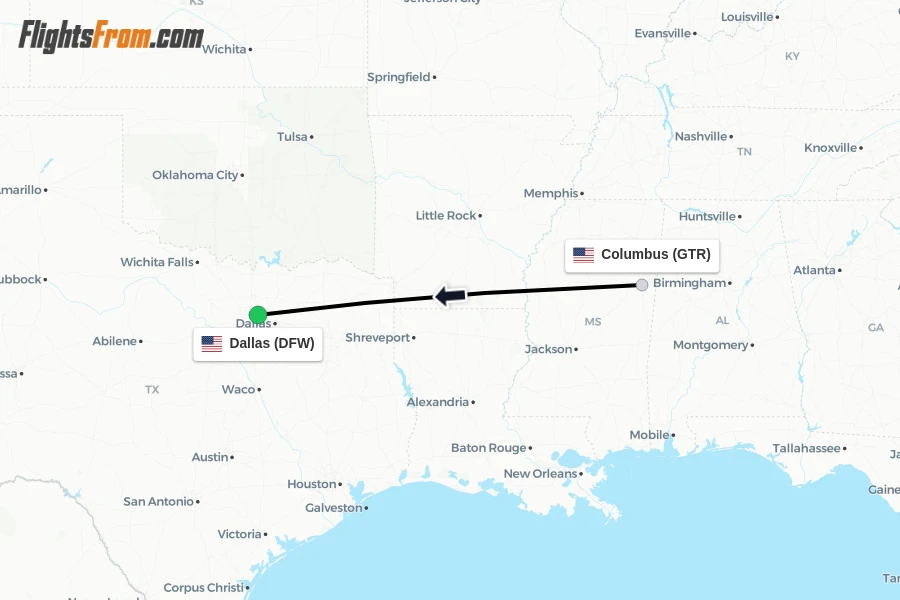 Flights from Columbus to Dallas route map