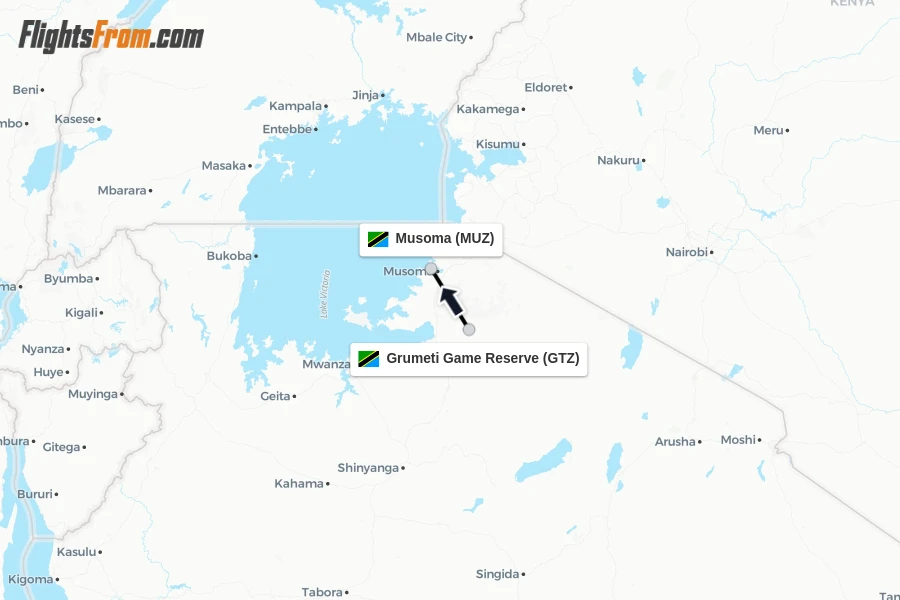 Flights from Grumeti Game Reserve to Musoma route map