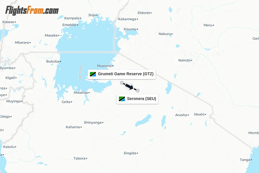 Flights from Grumeti Game Reserve to Seronera route map