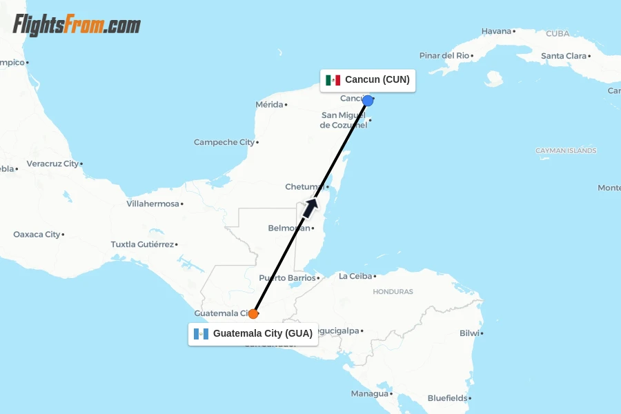 Flights from Guatemala City to Cancun route map