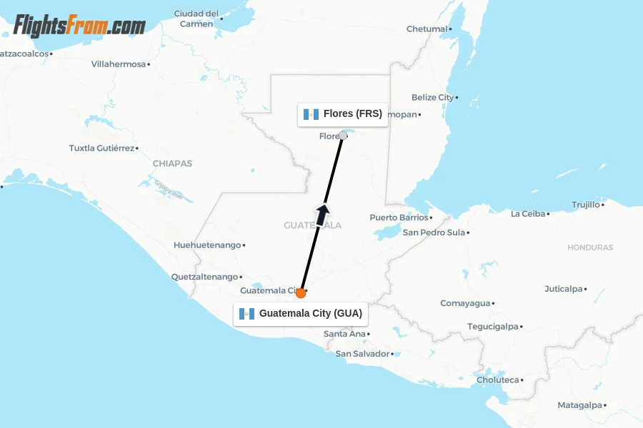 Flights from Guatemala City to Flores route map