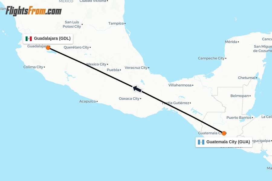 Flights from Guatemala City to Guadalajara route map