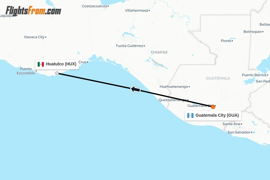Flights from Guatemala City to Huatulco route map