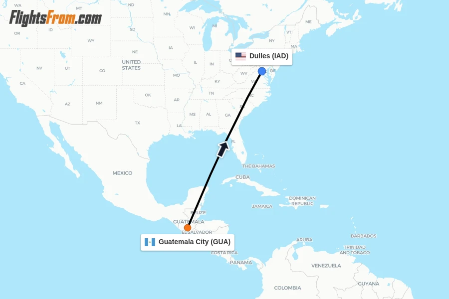 Flights from Guatemala City to Dulles route map