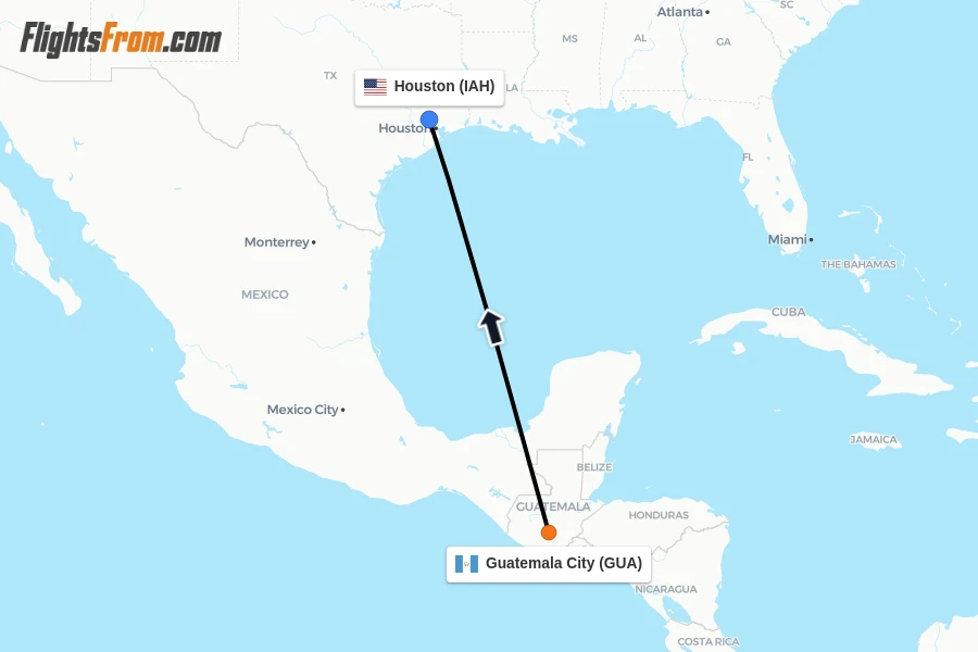 Flights from Guatemala City to Houston route map