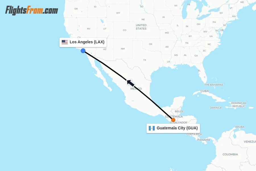 Flights from Guatemala City to Los Angeles route map