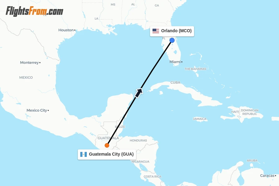 Flights from Guatemala City to Orlando route map