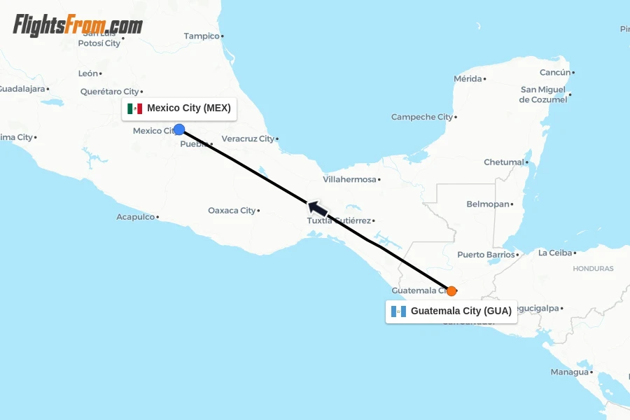 Flights from Guatemala City to Mexico City route map