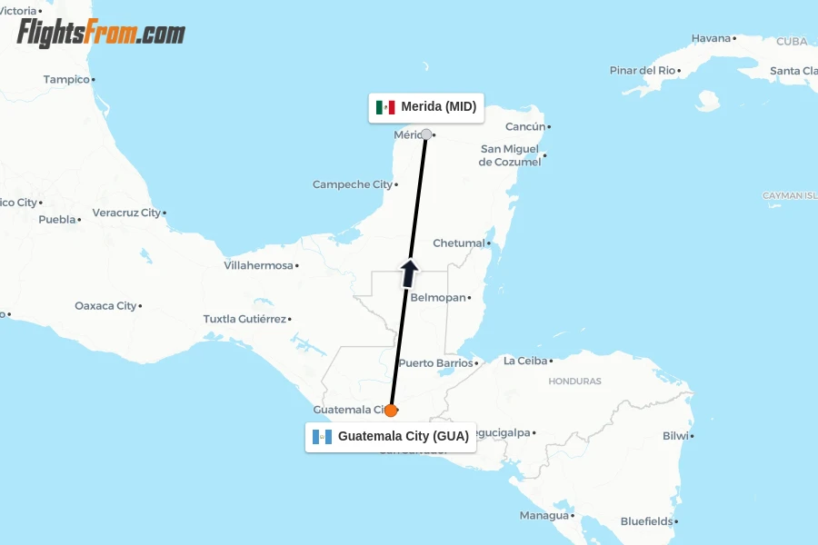Flights from Guatemala City to Merida route map
