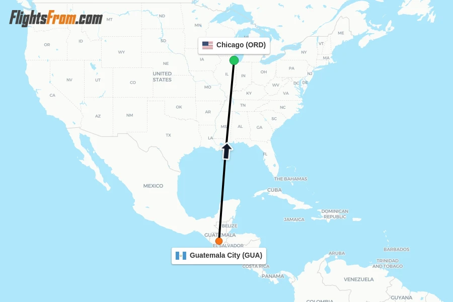 Flights from Guatemala City to Chicago route map