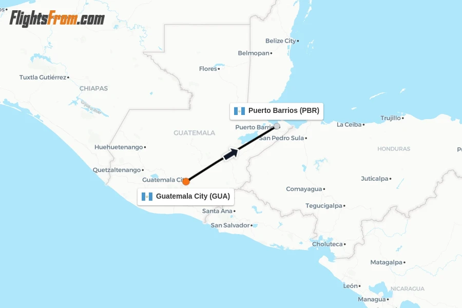 Flights from Guatemala City to Puerto Barrios route map