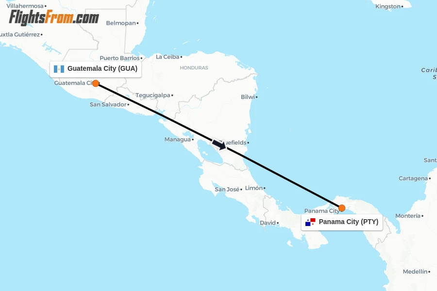 Flights from Guatemala City to Panama City route map