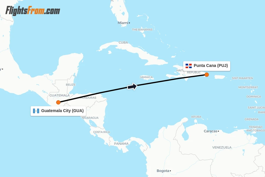 Flights from Guatemala City to Punta Cana route map