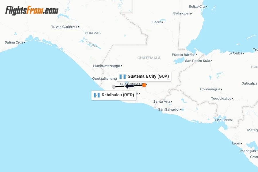 Flights from Guatemala City to Retalhuleu route map