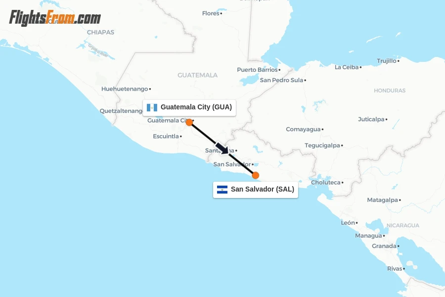 Flights from Guatemala City to San Salvador route map