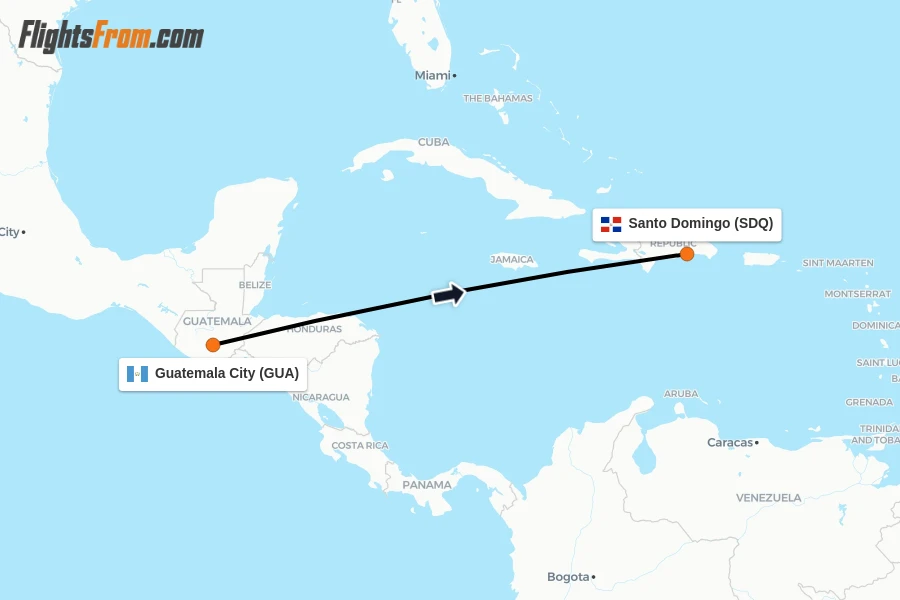Flights from Guatemala City to Santo Domingo route map