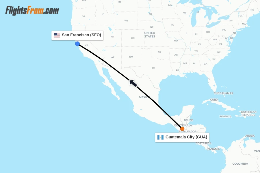 Flights from Guatemala City to San Francisco route map