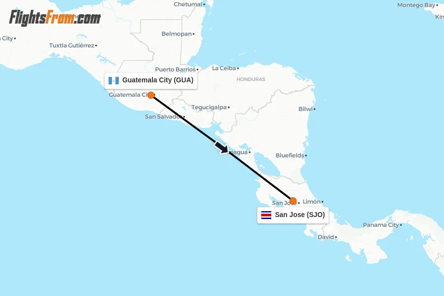 Flights from Guatemala City to San Jose route map